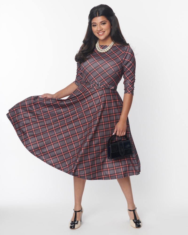 Front of a model wearing a size L Unique Vintage Red Bias Plaid Devon Swing Dress in Black/Plaid by Unique Vintage. | dia_product_style_image_id:315030